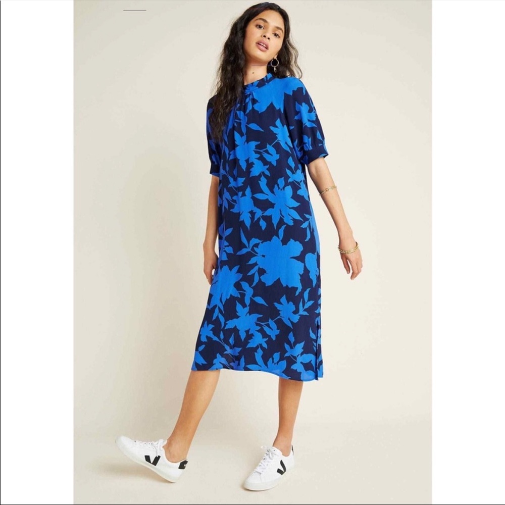 Anthropologie Blue Floral Midi Dress